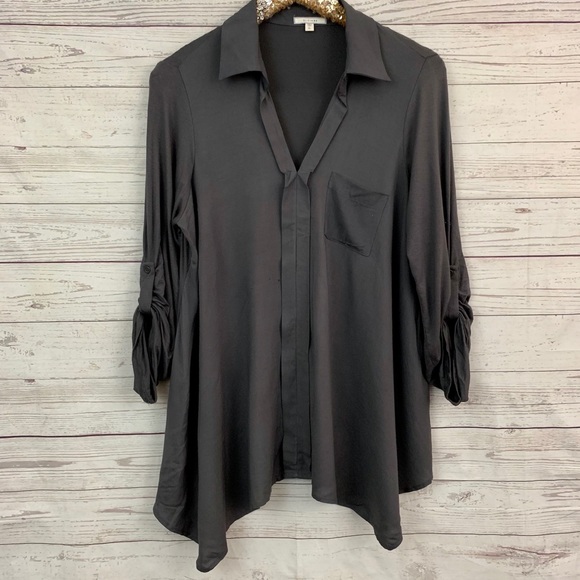 Pleione Tops - Pleione asymmetric shark bite mixed media tunic